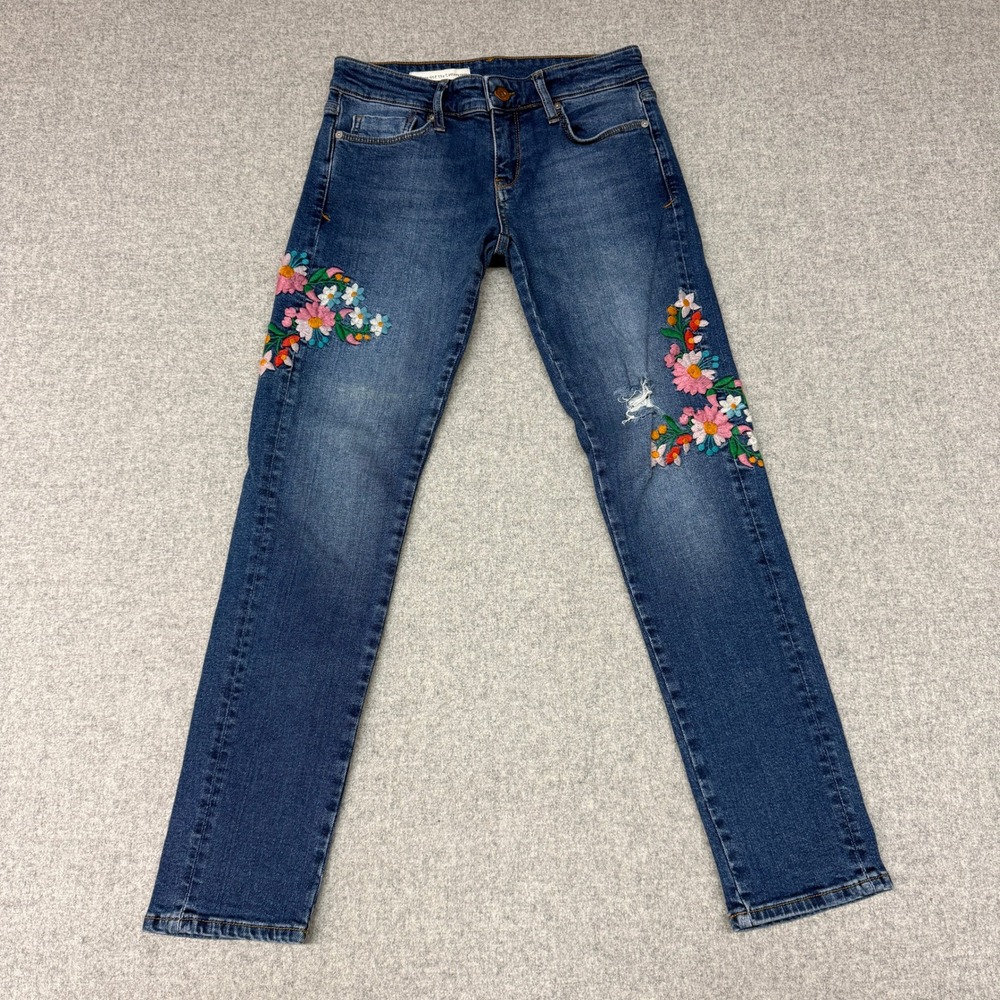 Pilcro and the Letterpress Skinny Jeans 27 Blue Floral Embroidered Boho Denim